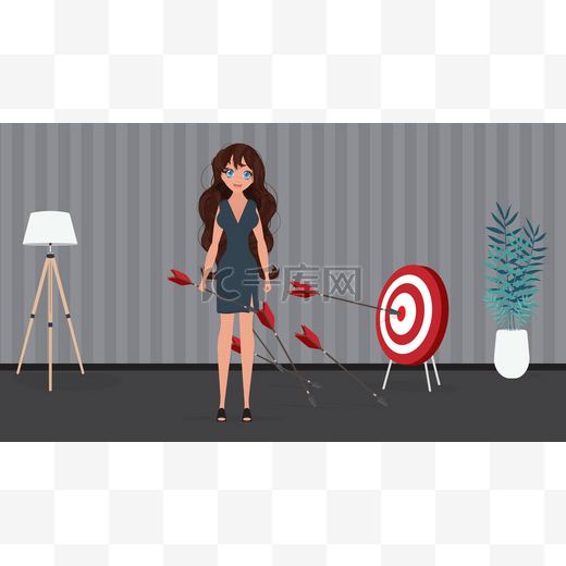 一个穿正装的女人年轻的女商人带着箭带有箭头矢量平面插图的目标.图片