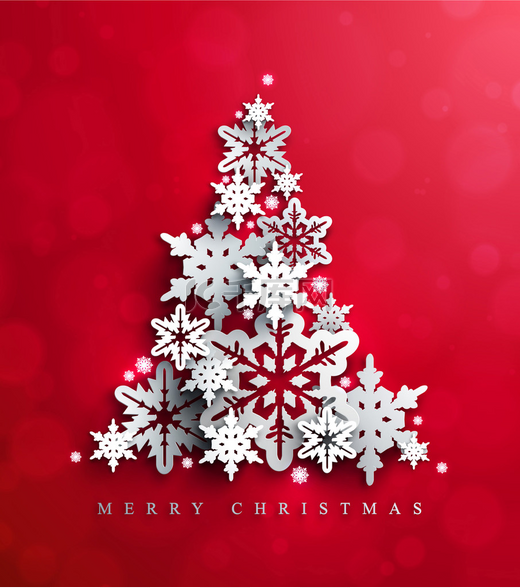圣诞和新的年卡与圣诞树的装饰镂空雪花亮红色背景上.图片