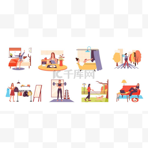Woman daily routine. Girl everyday life scenes, cartoon person wake up, take shower, have breakfast shopping, go to work, walking in park, resting and workout. Vector set illustration图片