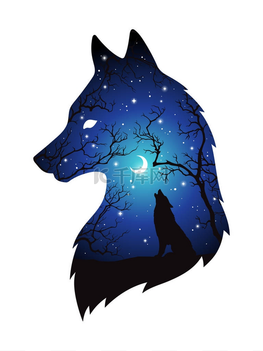 双曝光的狼在夜间森林的剪影, 蓝天与新月和星星孤立。贴纸, 打印或纹身设计矢量插图。异教图腾, 巫术熟悉的精神艺术图片