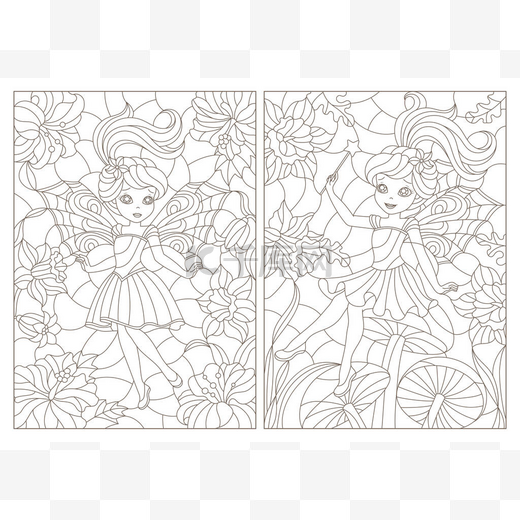 彩色玻璃的一组等高线插图，花朵背景上有仙境，白色背景上有黑暗等高线图片
