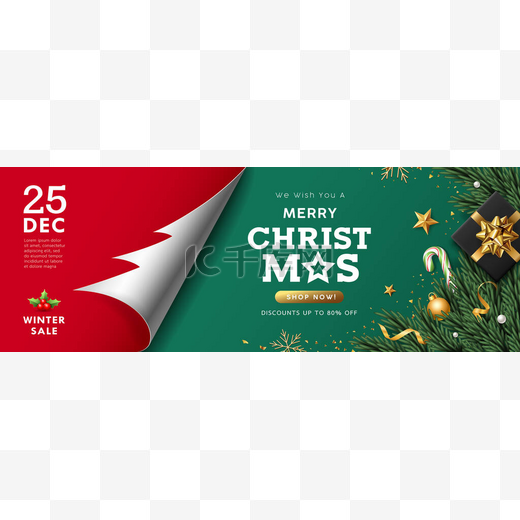 圣诞快乐，纸卷树形，黑色礼品盒金丝带，糖果手杖，松叶和金球横幅设计红绿相间，Eps 10矢量图解图片