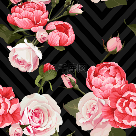 牡丹玫瑰矢量无缝花纹花卉纹理的深色雪佛龙背景图片