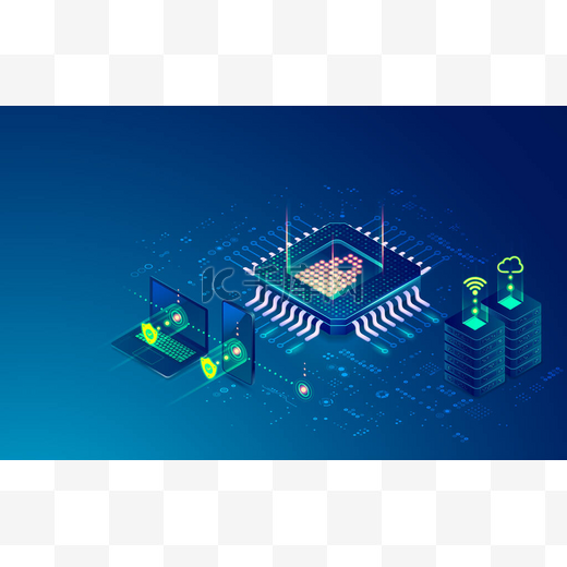 基于未来技术系统的微晶片图形化网络安全或数据中心概念图片