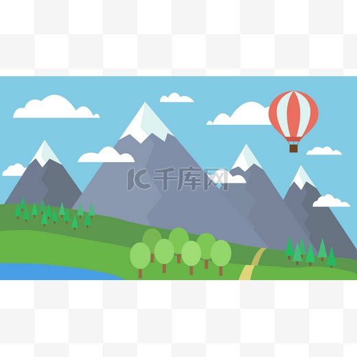 卡通炫彩矢量插图的山、 森林与草地下湛蓝的天空，云彩和一个红热气球上的湖山景观图片