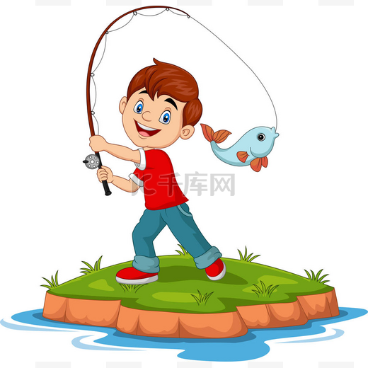 卡通人物快乐男孩钓鱼的矢量图解图片