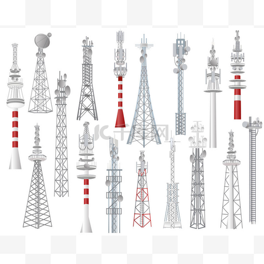 无线电塔矢量耸立城市通信技术天线建设网络无线信号站在白色背景下的高耸广播设备插图集图片
