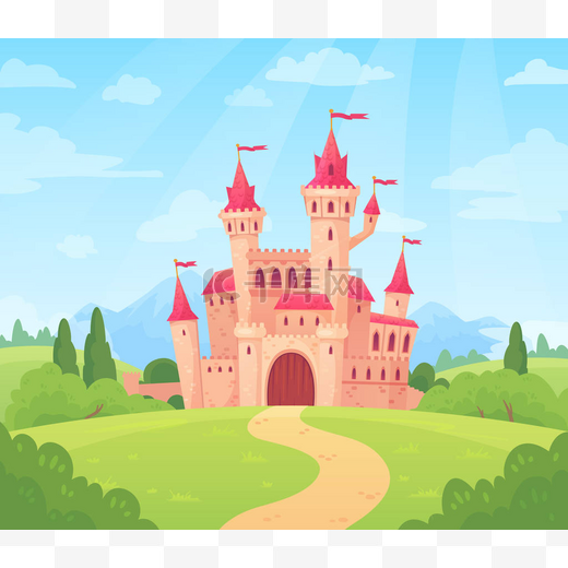 童话景观与城堡。幻想宫殿塔, 梦幻般的仙人房子或神奇的城堡王国卡通向量的背景图片