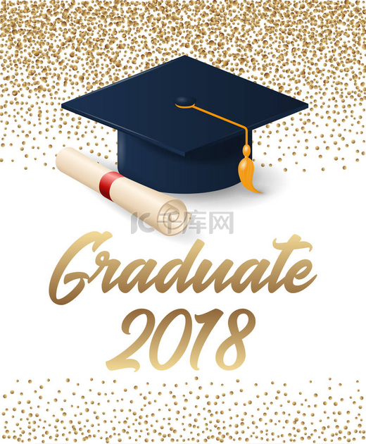 2018年级毕业海报与帽子和文凭卷轴.图片
