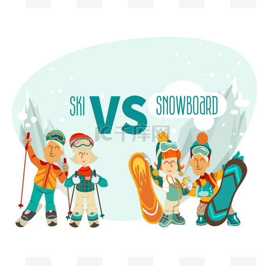 卡通滑雪和滑雪板爱好者图片