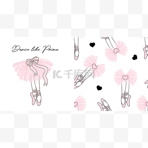 设计一套打印和无缝的背景与跳舞的芭蕾舞演员腿在尖鞋和粉红色透明芭蕾裙子.图片