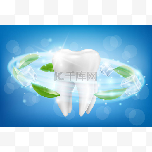 Giant tooth model and dynamic whitening effect. Dental care product package design for toothpaste poster or advertising. Realistic 3d Vector illustration.图片