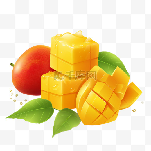 矢量成熟的黄色、橙色、红色整体芒果块和切片芒果块，白色背景上分离的叶子图片