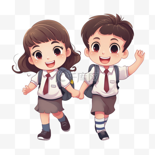 快乐可爱的小男孩和小女孩亚洲学生上学图片