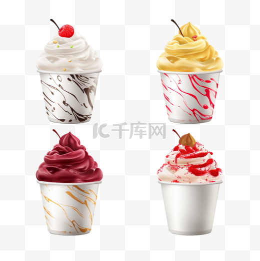 一套逼真的白色塑料杯，配上不同口味的冰淇淋图片