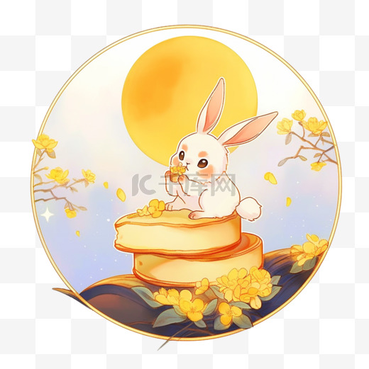 中秋节兔子元素月饼望月手绘图片