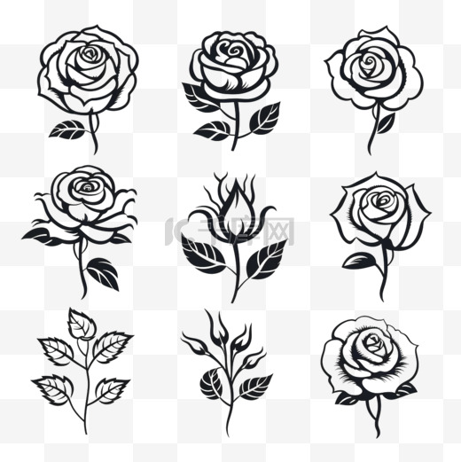 美丽的玫瑰花轮廓矢量图标集图片