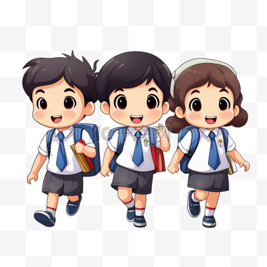可爱的卡通快乐的孩子们穿着亚洲学生制服。人物矢量插图。图片