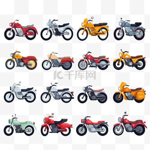 大型独立式摩托车彩色剪贴画集，各种型号摩托车的平面插图。图片