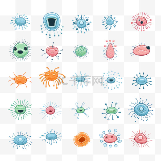 一组细菌线图标。微生物、细菌、细胞、鱼子酱、免疫系统等等。图片