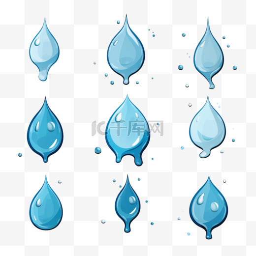 卡通的眼泪。汗水或哭液，落下蓝色的水滴。雨滴隔离集图片