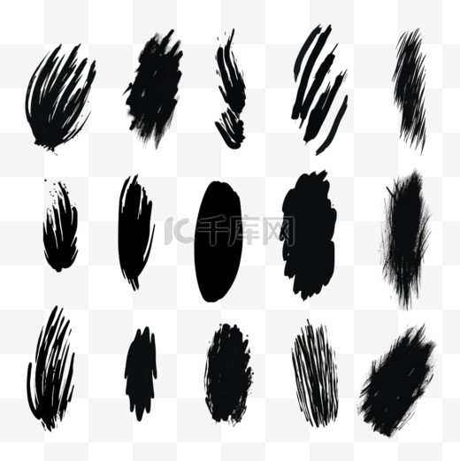 手绘抽象黑色画笔笔触的集合。一组形状，白色上隔离的边框图片