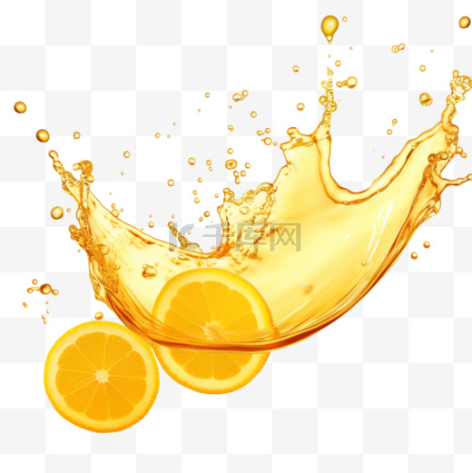 油、橙汁或柠檬汁飞溅，黄色液体饮料滴满水滴。图片