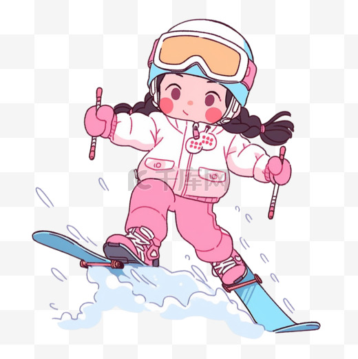 冬天滑雪的女孩卡通元素手绘图片