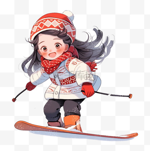 卡通手绘冬天可爱的女孩滑雪元素图片