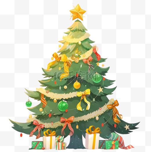 节日彩带礼物手绘圣诞树元素图片