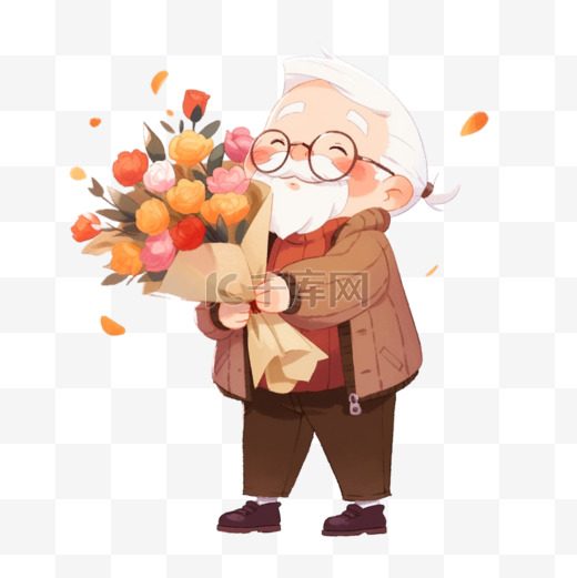 感恩节手绘老人抱着献花卡通元素图片