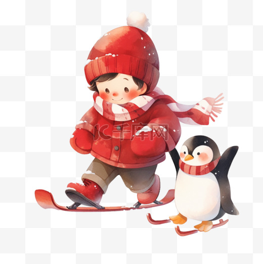 可爱的男孩冬天小企鹅滑雪卡通手绘元素图片