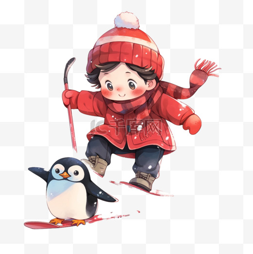 可爱的男孩小企鹅滑雪冬天卡通手绘元素图片