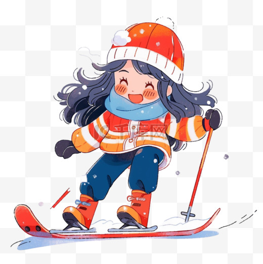 女孩滑雪卡通手绘冬天元素图片