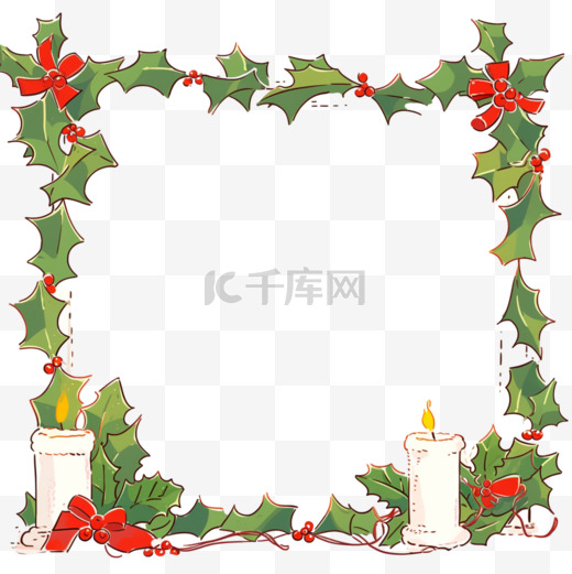 圣诞节绿叶蜡烛边框卡通元素手绘图片