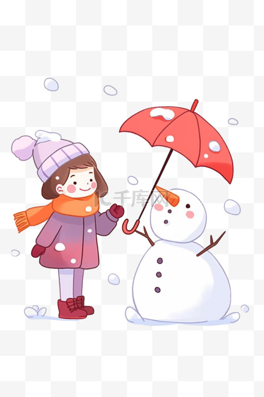 拿伞女孩雪人冬天卡通手绘元素图片