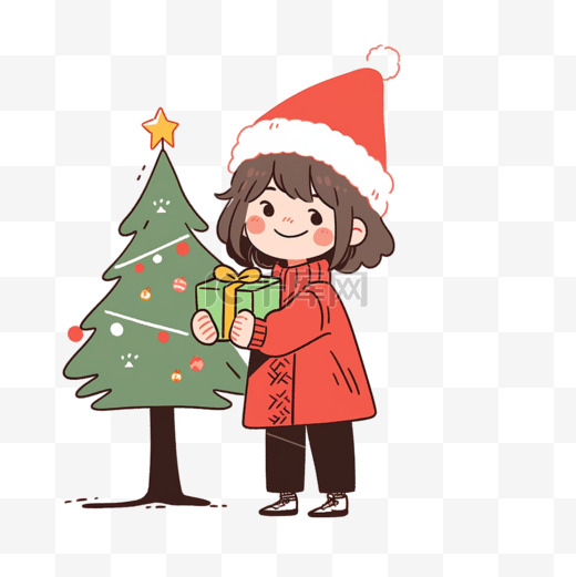 圣诞节可爱女孩卡通手绘圣诞树元素图片