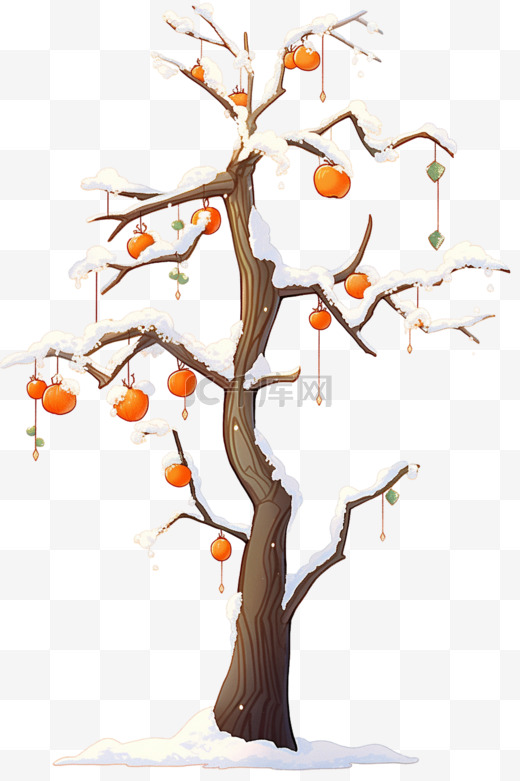 挂满雪的柿子树手绘免抠元素冬天图片