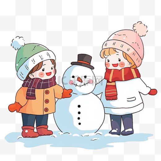 冬天雪地里元素可爱的孩子堆雪人卡通图片