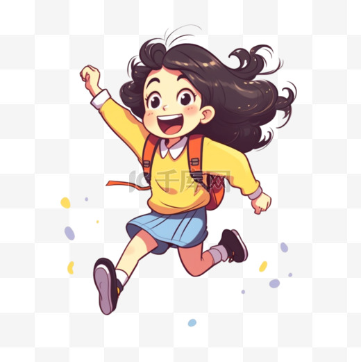 可爱开朗的学生女孩跳跃的卡通人物儿童学校教育手绘艺术插图图片