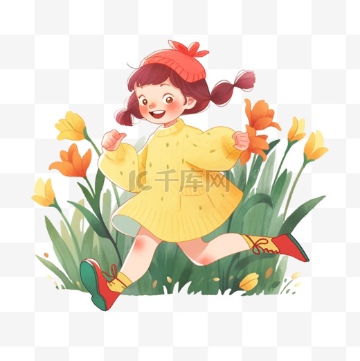 春天可爱女孩奔跑卡通花丛手绘元素图片