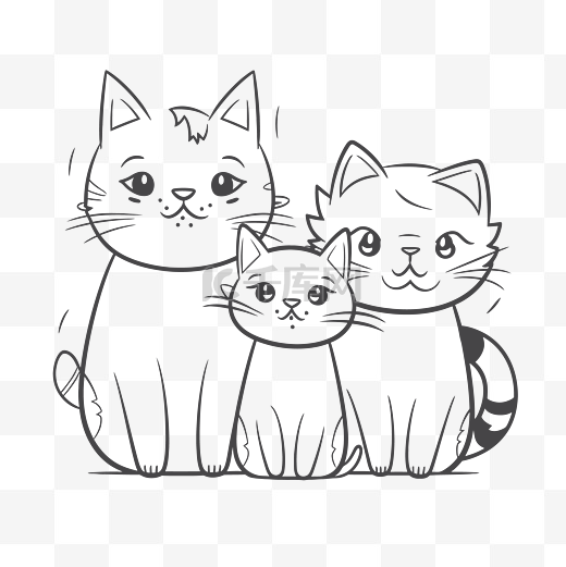 三只猫轮廓素描的插图 向量图片
