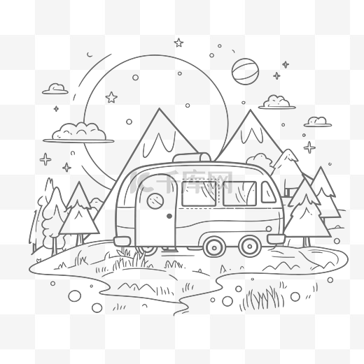 露营者着色图像的特点是在山丘和山脉中间的露营者以及太阳轮廓素描 向量图片
