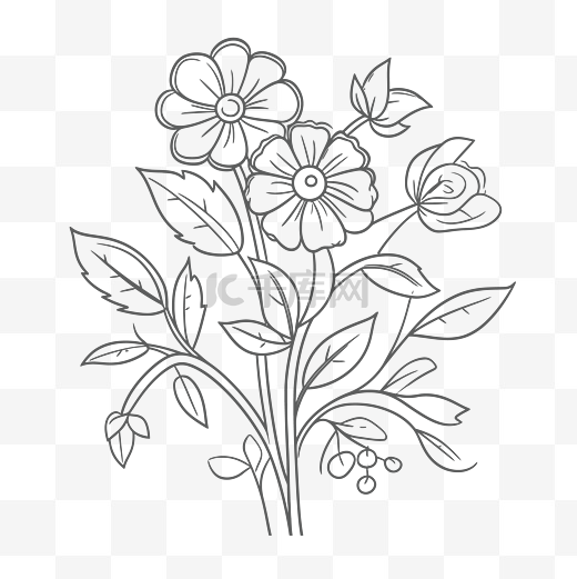 花卉线条图着色手绘花卉花束可印刷艺术贺卡和剪贴簿轮廓草图 向量图片
