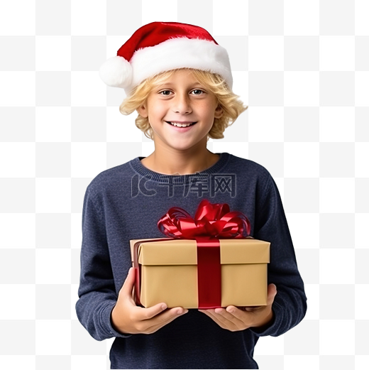 一个戴着圣诞毛衣圣诞老人帽子的金发帅哥手里拿着礼盒图片