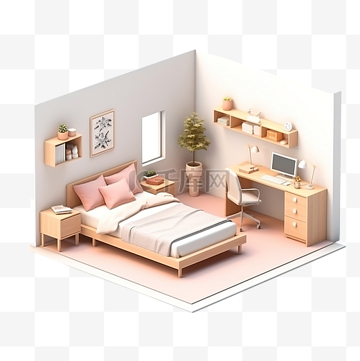 最小卧室房间的等距和标高的 3D 渲染，配有家具 3D 渲染卡通图片