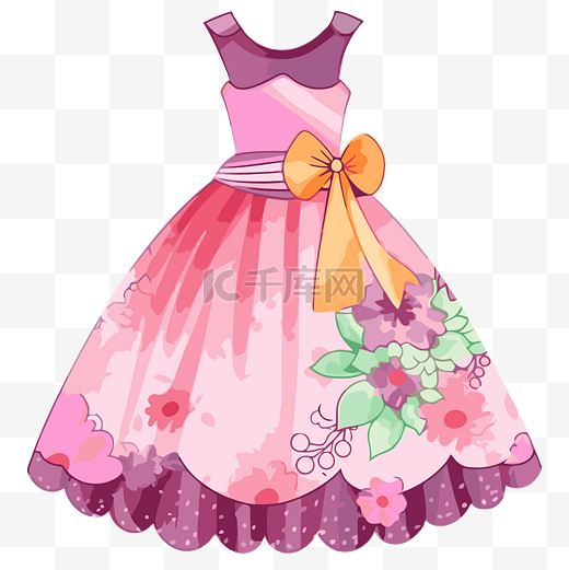 连衣裙剪贴画女孩连衣裙的女孩连衣裙与丝带和鲜花矢量卡通图片