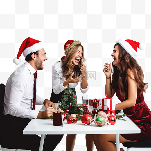 快乐的商务人士在办公室庆祝圣诞节时聊天图片