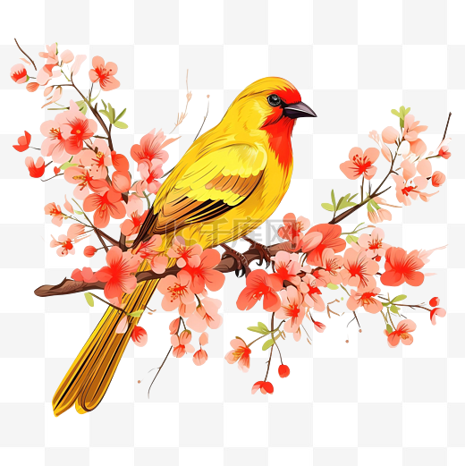 黄色的鸟坐在开着红色花朵的树枝上图片