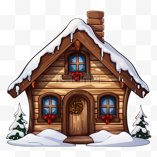 卡通冬季房子矢量图像覆盖着雪的棕色木制圣诞房子图片